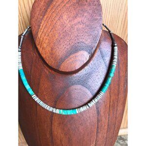 Vtg Heishi Necklace Shell Disc & Turquoise Beads With Sterling Silver